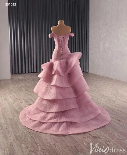 Off-Shoulder Pink Ruffle Pageant Gown | High-Low Trumpet Wedding Dress with Corset Back 251032-Couture Gown 2025 -Viniodress-Pink-Custom Size-