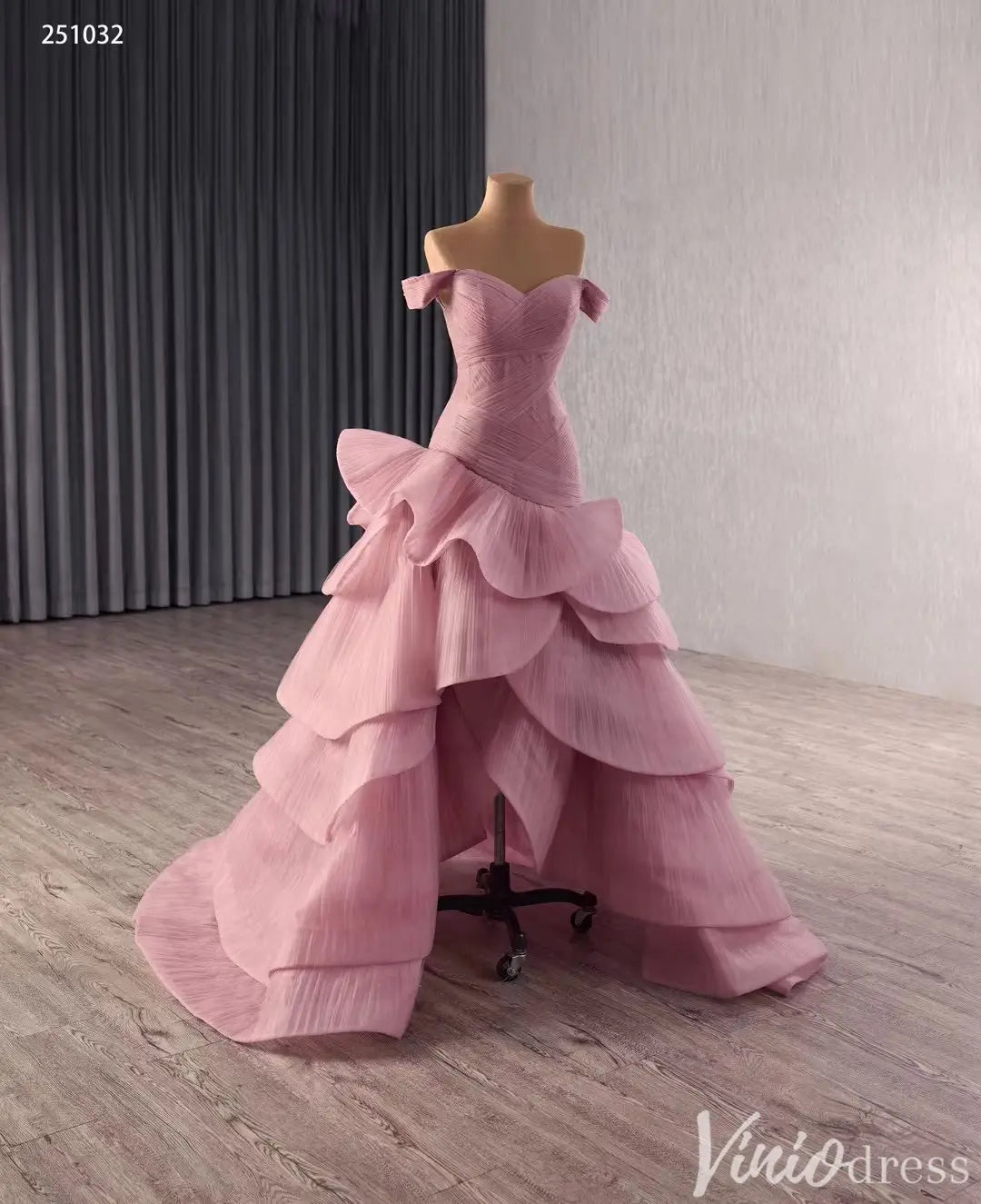 Off-Shoulder Pink Ruffle Pageant Gown | High-Low Trumpet Wedding Dress with Corset Back 251032-Couture Gown 2025 -Viniodress-Pink-Custom Size-