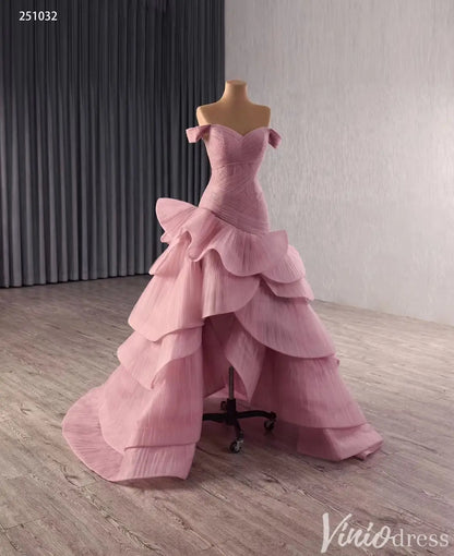 Off-Shoulder Pink Ruffle Pageant Gown | High-Low Trumpet Wedding Dress with Corset Back 251032-Couture Gown 2025 -Viniodress-Pink-Custom Size-