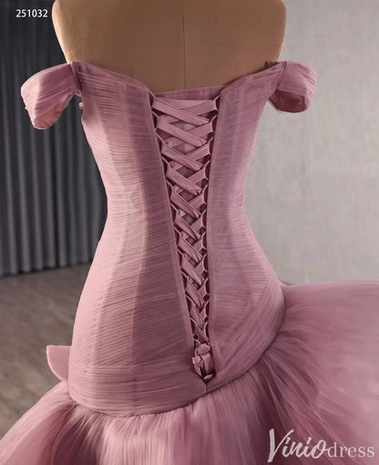Off-Shoulder Pink Ruffle Pageant Gown | High-Low Trumpet Wedding Dress with Corset Back 251032-Couture Gown 2025 -Viniodress-Pink-Custom Size-