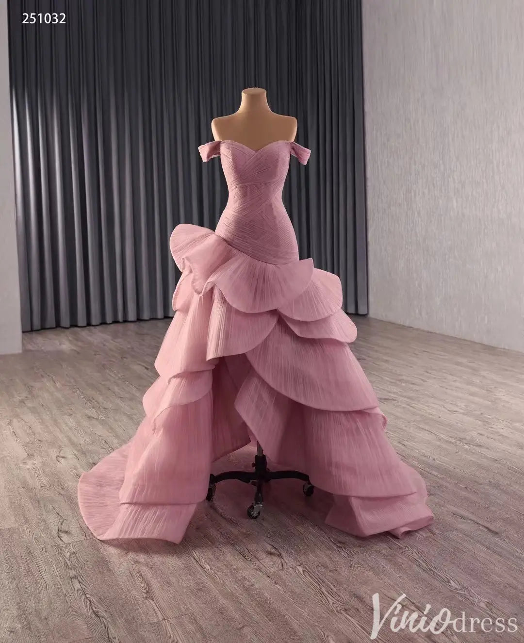 Off-Shoulder Pink Ruffle Pageant Gown | High-Low Trumpet Wedding Dress with Corset Back 251032-Couture Gown 2025 -Viniodress-Pink-Custom Size-