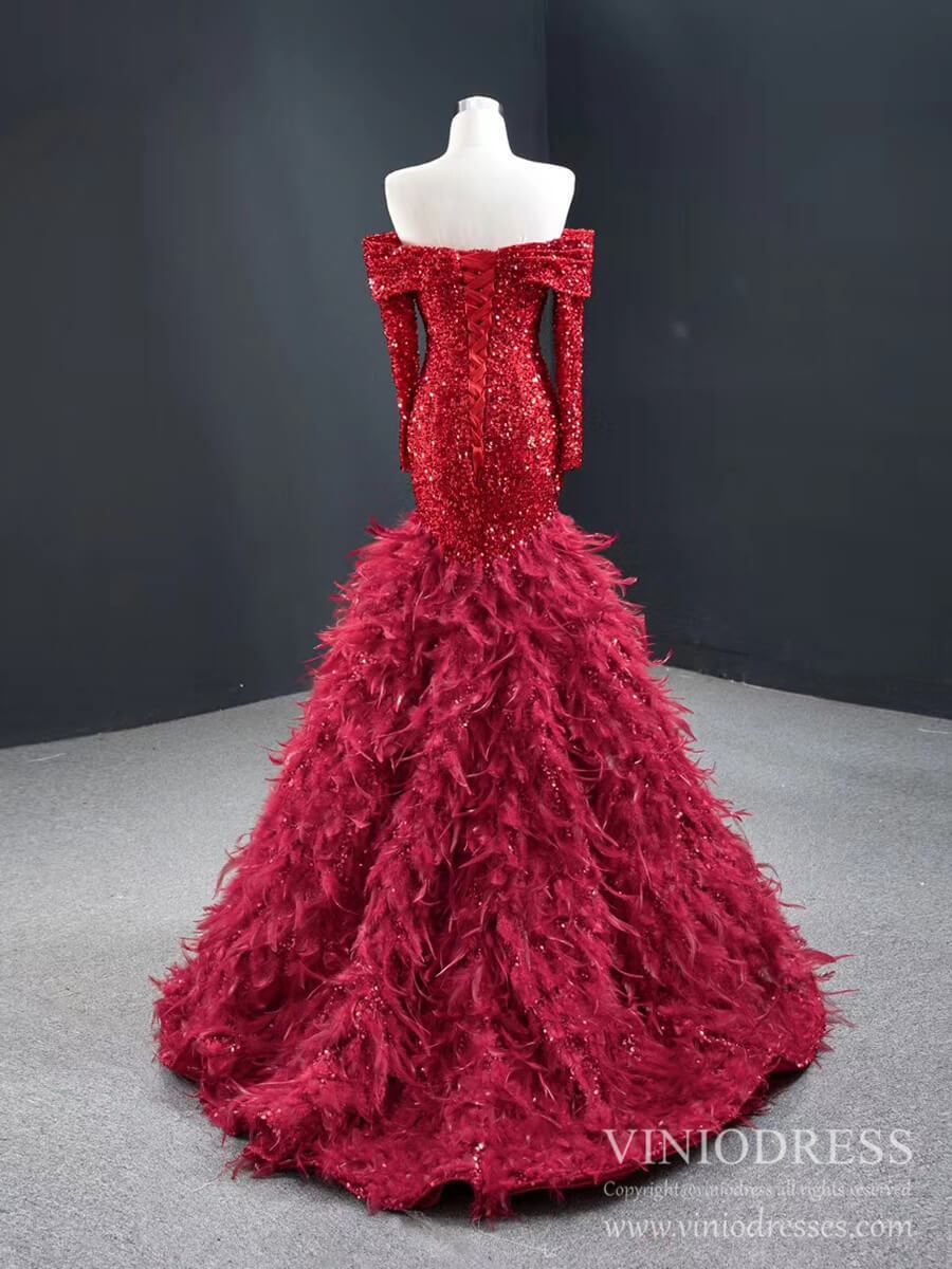 Off Shoulder Red Feather Prom Dresses Long Sleeve Sequin Dress FD2413 viniodress-Evening Dresses 2025 -Viniodress-Red-Custom Size-