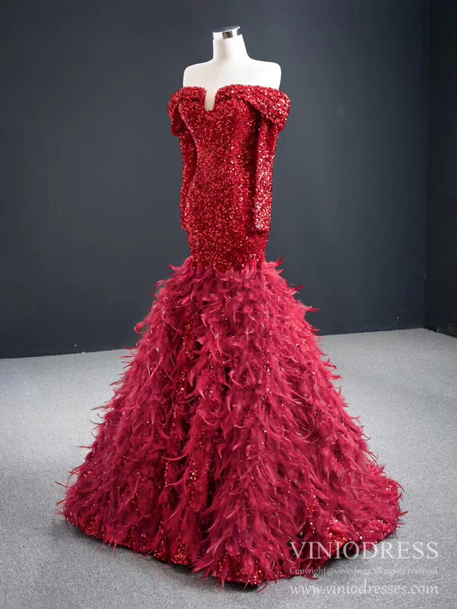 Off Shoulder Red Feather Prom Dresses Long Sleeve Sequin Dress FD2413 viniodress-Evening Dresses 2025 -Viniodress-Red-Custom Size-