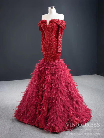 Off Shoulder Red Feather Prom Dresses Long Sleeve Sequin Dress FD2413 viniodress-Evening Dresses 2025 -Viniodress-Red-Custom Size-