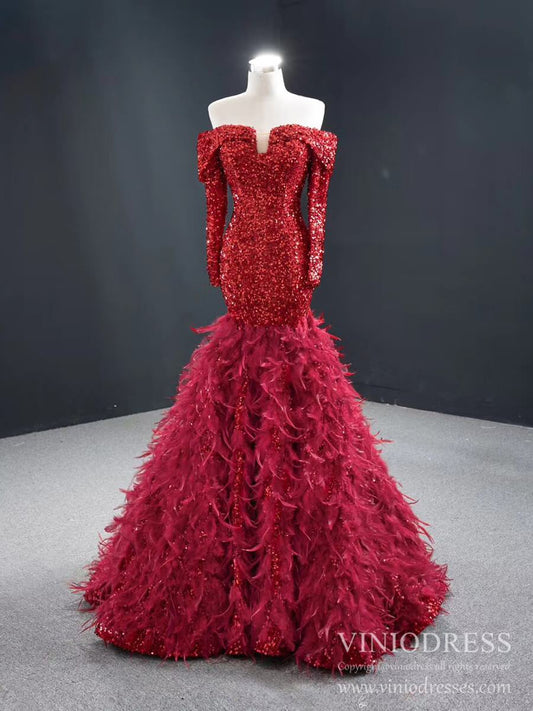 Off Shoulder Red Feather Prom Dresses Long Sleeve Sequin Dress FD2413 viniodress-Evening Dresses 2025 -Viniodress-Red-Custom Size-