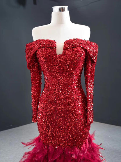 Off Shoulder Red Feather Prom Dresses Long Sleeve Sequin Dress FD2413 viniodress-Evening Dresses 2025 -Viniodress-Red-Custom Size-