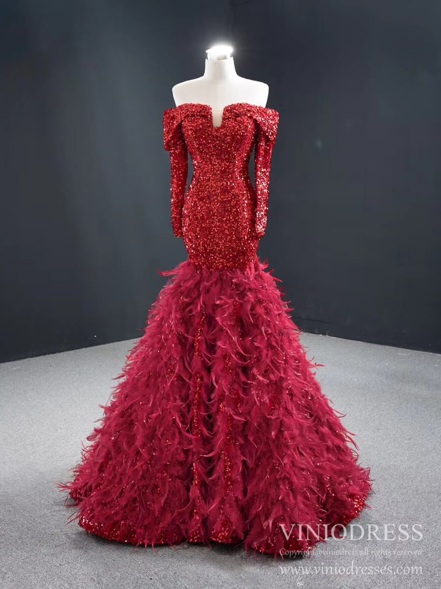 Off Shoulder Red Feather Prom Dresses Long Sleeve Sequin Dress FD2413 viniodress-Evening Dresses 2025 -Viniodress-Red-Custom Size-