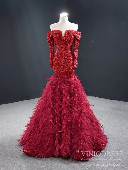 Off Shoulder Red Feather Prom Dresses Long Sleeve Sequin Dress FD2413 viniodress-Evening Dresses 2025 -Viniodress-Red-Custom Size-