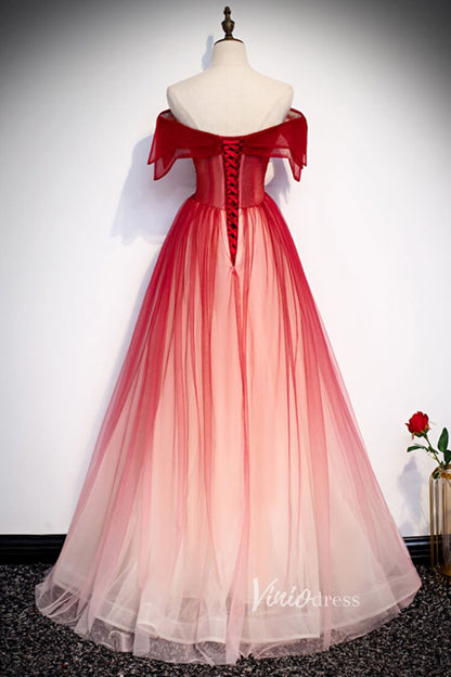Off Shoulder Red Long Prom Dress Ombre Tulle Formal Dresses FD2629-prom dresses 2025 -Viniodress-Red-Custom Size-