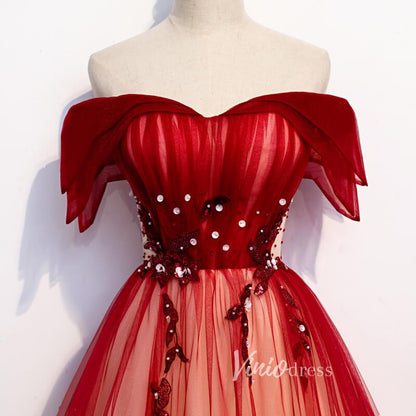 Off Shoulder Red Long Prom Dress Ombre Tulle Formal Dresses FD2629-prom dresses 2025 -Viniodress-Red-Custom Size-