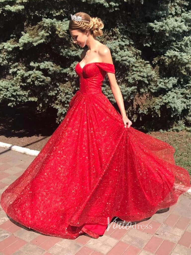 Off Shoulder Red Prom Dresses Shiny Sweet 15 Dress FD2654-prom dresses 2025 -Viniodress-Red-Custom Size-