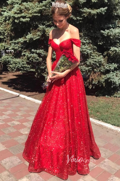 Off Shoulder Red Prom Dresses Shiny Sweet 15 Dress FD2654-prom dresses 2025 -Viniodress-Red-Custom Size-