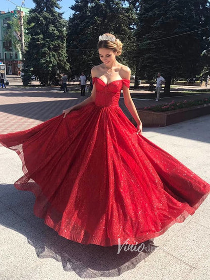 Off Shoulder Red Prom Dresses Shiny Sweet 15 Dress FD2654-prom dresses 2025 -Viniodress-Red-Custom Size-