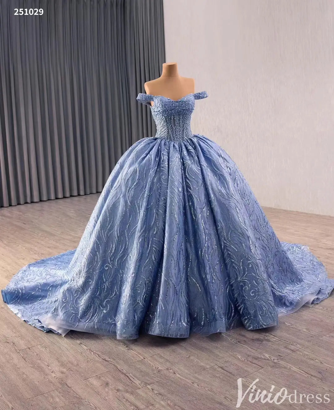 Off Shoulder Royal Blue Glitter Quinceañera Dress with Corset Back 251029-Quinceanera Dresses 2025 -Viniodress-Dusty Blue-Custom Size-