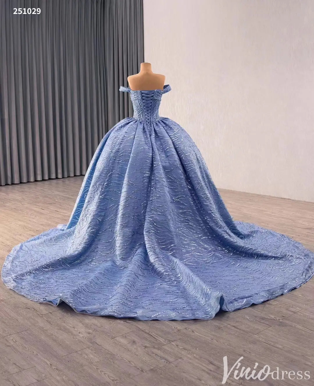 Off Shoulder Royal Blue Glitter Quinceañera Dress with Corset Back 251029-Quinceanera Dresses 2025 -Viniodress-Dusty Blue-Custom Size-