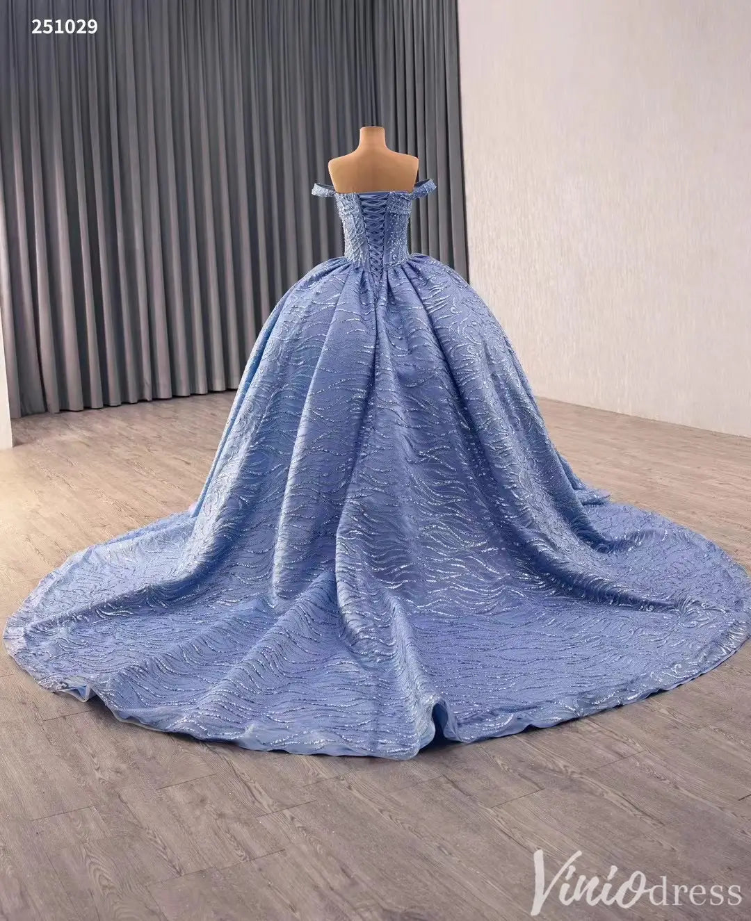 Off Shoulder Royal Blue Glitter Quinceañera Dress with Corset Back 251029-Quinceanera Dresses 2025 -Viniodress-Dusty Blue-Custom Size-
