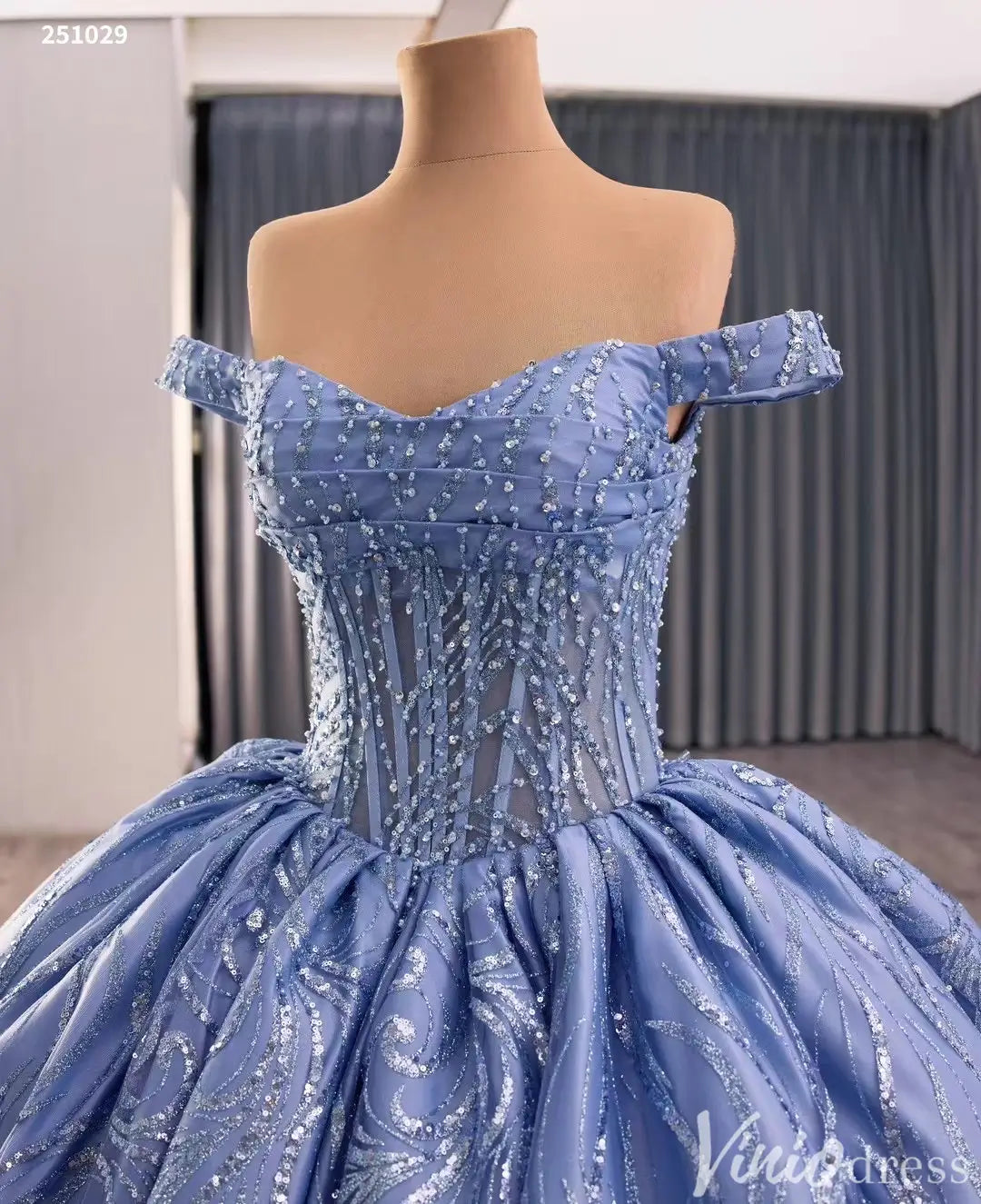 Off Shoulder Royal Blue Glitter Quinceañera Dress with Corset Back 251029-Quinceanera Dresses 2025 -Viniodress-Dusty Blue-Custom Size-