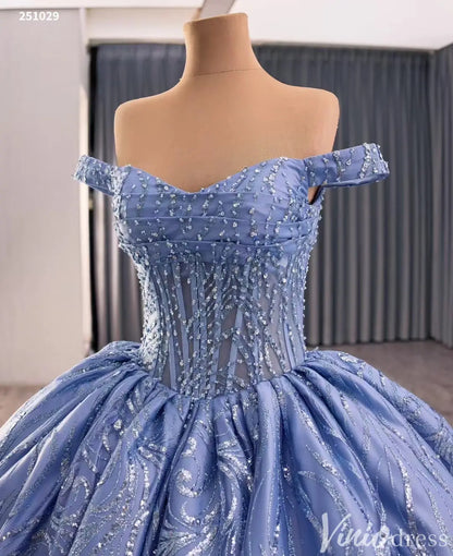 Off Shoulder Royal Blue Glitter Quinceañera Dress with Corset Back 251029-Quinceanera Dresses 2025 -Viniodress-Dusty Blue-Custom Size-