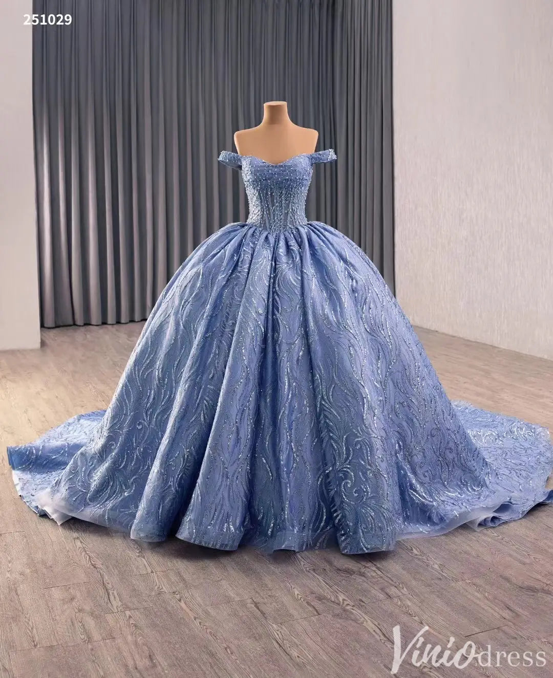 Off Shoulder Royal Blue Glitter Quinceañera Dress with Corset Back 251029-Quinceanera Dresses 2025 -Viniodress-Dusty Blue-Custom Size-