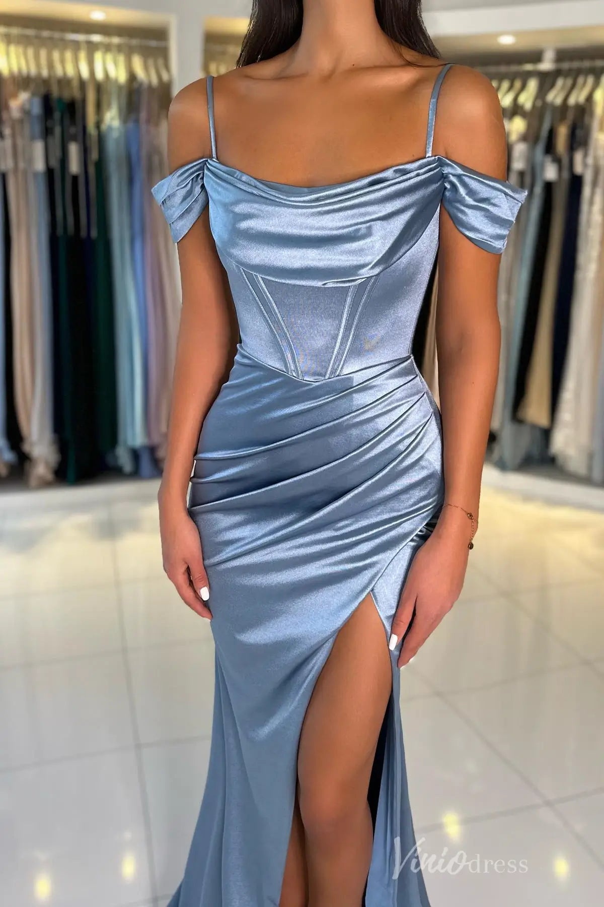 Off Shoulder Satin Formal Dress with Spaghetti Strap, Draped Cowl Neck, and High Slit – SS015-prom dresses 2025 -Viniodress-Dusty Blue-Custom Size-