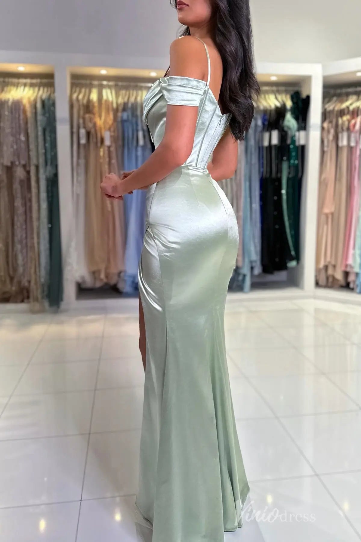 Off Shoulder Satin Formal Dress with Spaghetti Strap, Draped Cowl Neck, and High Slit – SS015-prom dresses 2025 -Viniodress-Pink-Custom Size-