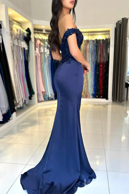 Off-Shoulder Satin Mermaid Prom Dress with 3D Floral Appliqué, Sheer Corset Bodice and High Slit – SS012-prom dresses 2025 -Viniodress-Teal-Custom Size-