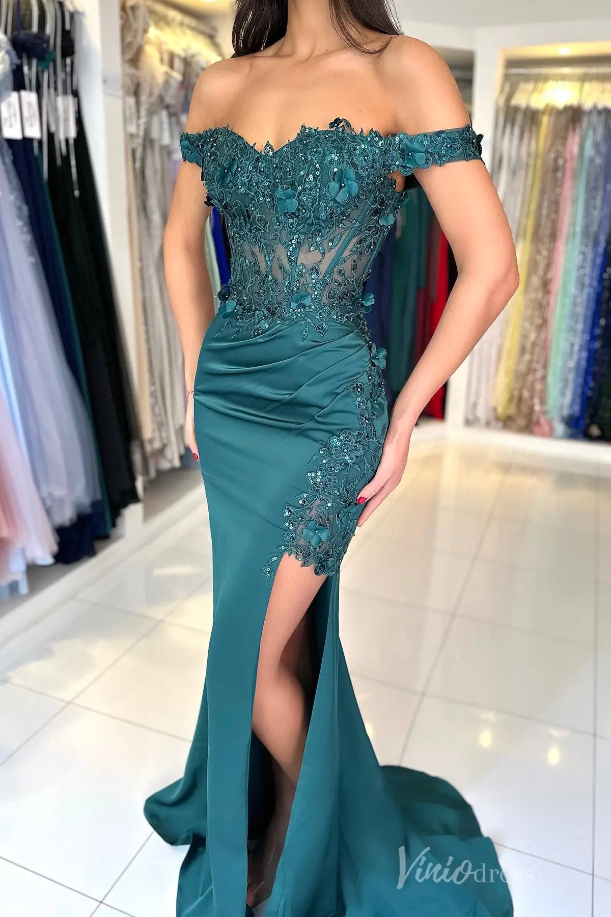 Off-Shoulder Satin Mermaid Prom Dress with 3D Floral Appliqué, Sheer Corset Bodice and High Slit – SS012-prom dresses 2025 -Viniodress-Teal-Custom Size-