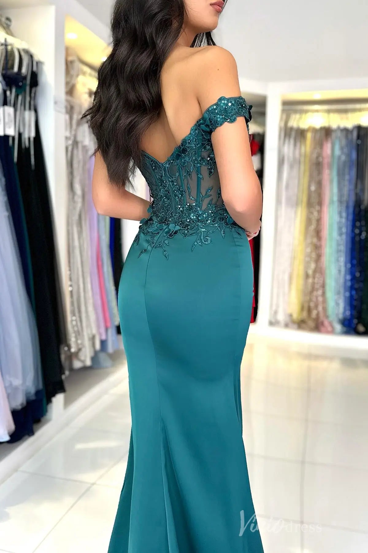Off-Shoulder Satin Mermaid Prom Dress with 3D Floral Appliqué, Sheer Corset Bodice and High Slit – SS012-prom dresses 2025 -Viniodress-Teal-Custom Size-
