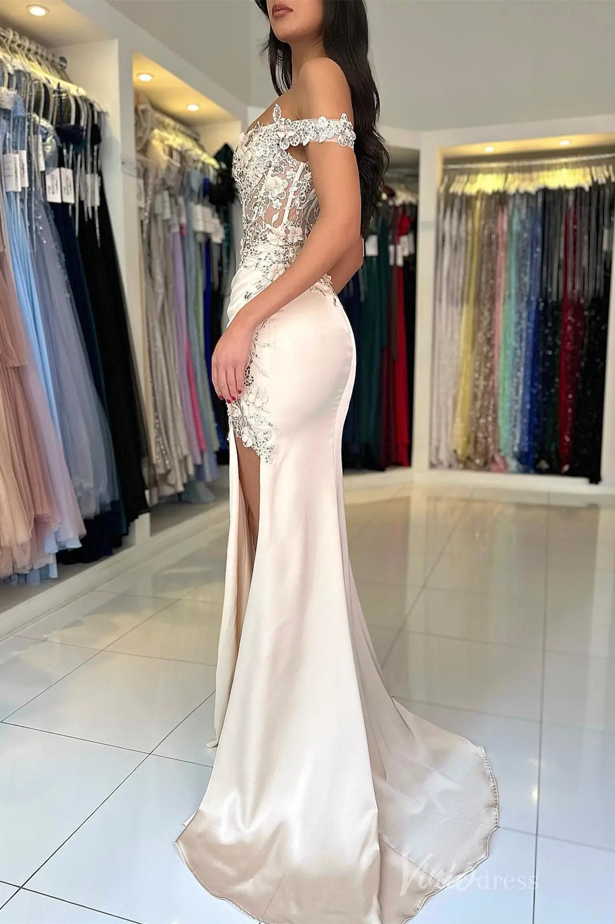 Off-Shoulder Satin Mermaid Prom Dress with 3D Floral Appliqué, Sheer Corset Bodice and High Slit – SS012-prom dresses 2025 -Viniodress-Teal-Custom Size-