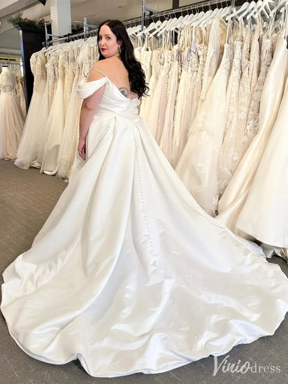 Off Shoulder Satin Simple Wedding Dress with Pockets, Plus Size, Cowl Neckline – VW2590-wedding dresses 2025 -Viniodress-Ivory-Custom Size-