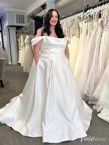 off the shoulder simple wedding dress Off Shoulder Satin Wedding Dress with Pockets – VW2590 – Viniodress