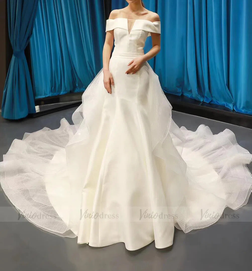 Off Shoulder Satin Wedding Dresses with Cathedral Train VW1149-wedding dresses-Viniodress-Viniodress