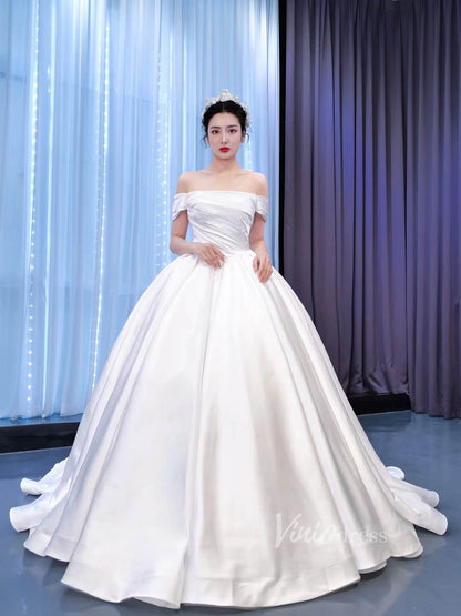 Off Shoulder Satin Wedding Gown Simple Classy Wedding Dress 67351-wedding dresses 2025 -Viniodress-Ivory-Custom Size-