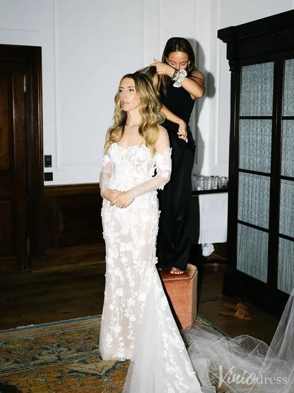 Off-Shoulder Sheer Mermaid Wedding Dress with Long Sleeves & Floral Appliqués – VW2511-wedding dresses 2025 -Viniodress-Nude-Custom Size-
