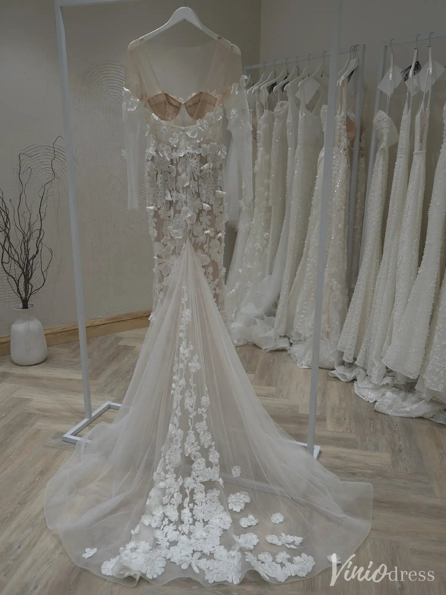 Off-Shoulder Sheer Mermaid Wedding Dress with Long Sleeves & Floral Appliqués – VW2511-wedding dresses 2025 -Viniodress-Nude-Custom Size-