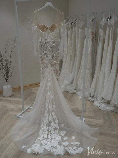 Off-Shoulder Sheer Mermaid Wedding Dress with Long Sleeves & Floral Appliqués – VW2511-wedding dresses 2025 -Viniodress-Nude-Custom Size-