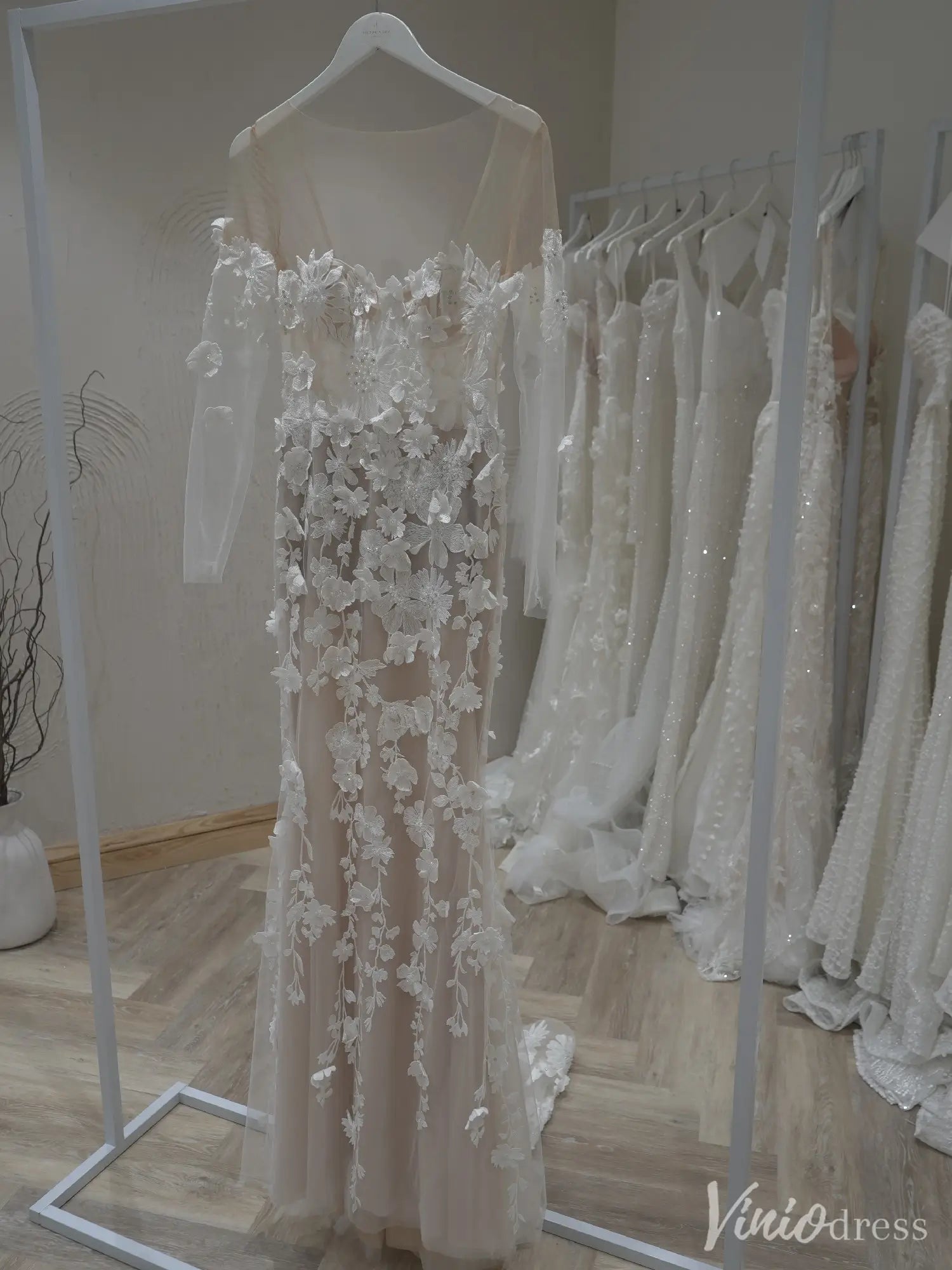 Off-Shoulder Sheer Mermaid Wedding Dress with Long Sleeves & Floral Appliqués – VW2511-wedding dresses 2025 -Viniodress-Nude-Custom Size-