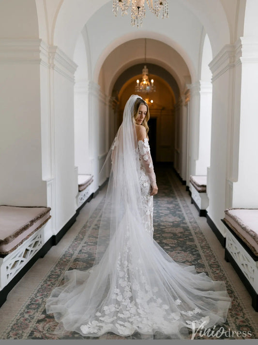 Off-Shoulder Sheer Mermaid Wedding Dress with Long Sleeves & Floral Appliqués – VW2511-wedding dresses 2025 -Viniodress-Nude-Custom Size-