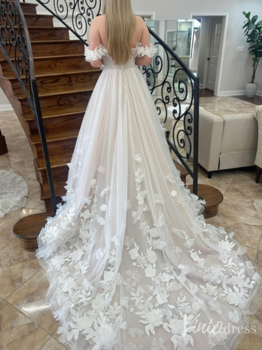 Off-Shoulder Tulle Wedding Dress with 3D Floral Appliqués and Train – FD6127-wedding dresses 2025 -Viniodress-Ivory-Custom Size-
