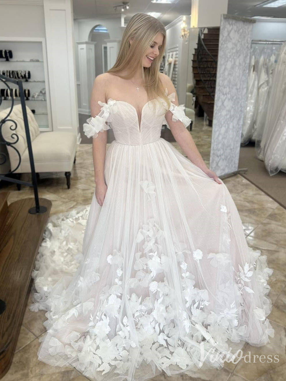 Off-Shoulder Tulle Wedding Dress with 3D Floral Appliqués and Train – FD6127-wedding dresses 2025 -Viniodress-Ivory-Custom Size-