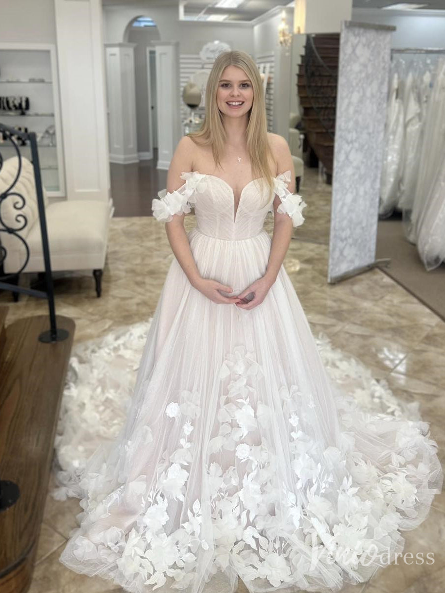Off-Shoulder Tulle Wedding Dress with 3D Floral Appliqués and Train – FD6127-wedding dresses 2025 -Viniodress-Ivory-Custom Size-