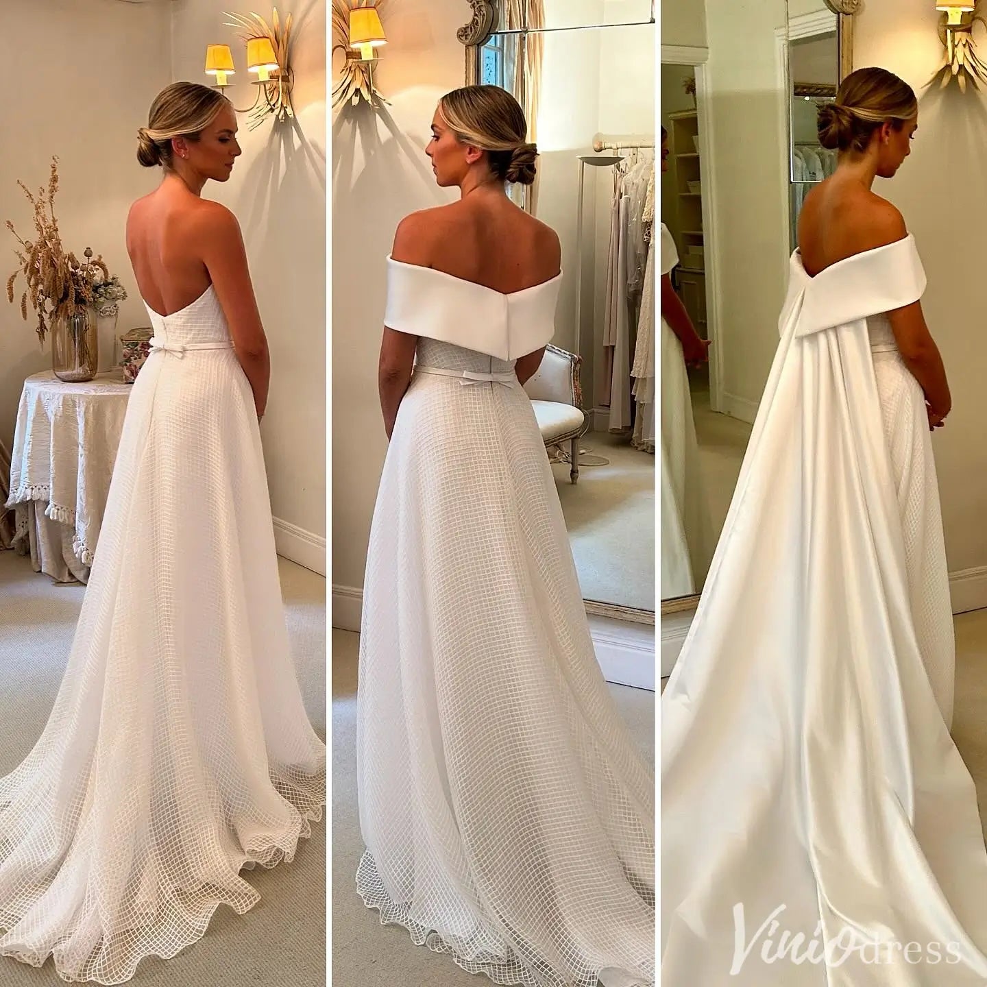 Off Shoulder Wedding Dress with Folded Neckline, Grid Tulle Skirt, and Removable Train – VW2579-wedding dresses 2025 -Viniodress-White-Custom Size-