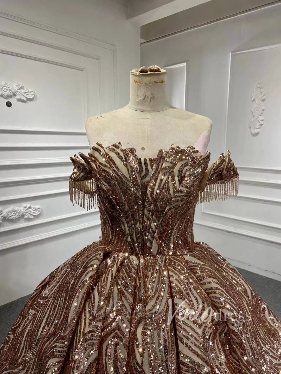 Off the Shoulder Ball Gown Wedding Dress 67411 Gold Lace-Quinceanera Dresses 2025 -Viniodress-Gold-Custom Size-