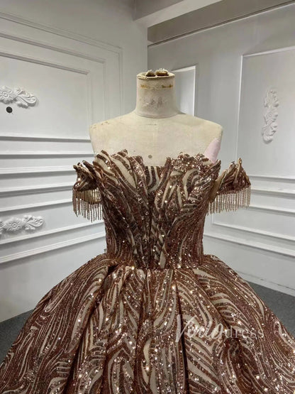 Off the Shoulder Ball Gown Wedding Dress 67411 Gold Lace-Quinceanera Dresses 2025 -Viniodress-Gold-Custom Size-