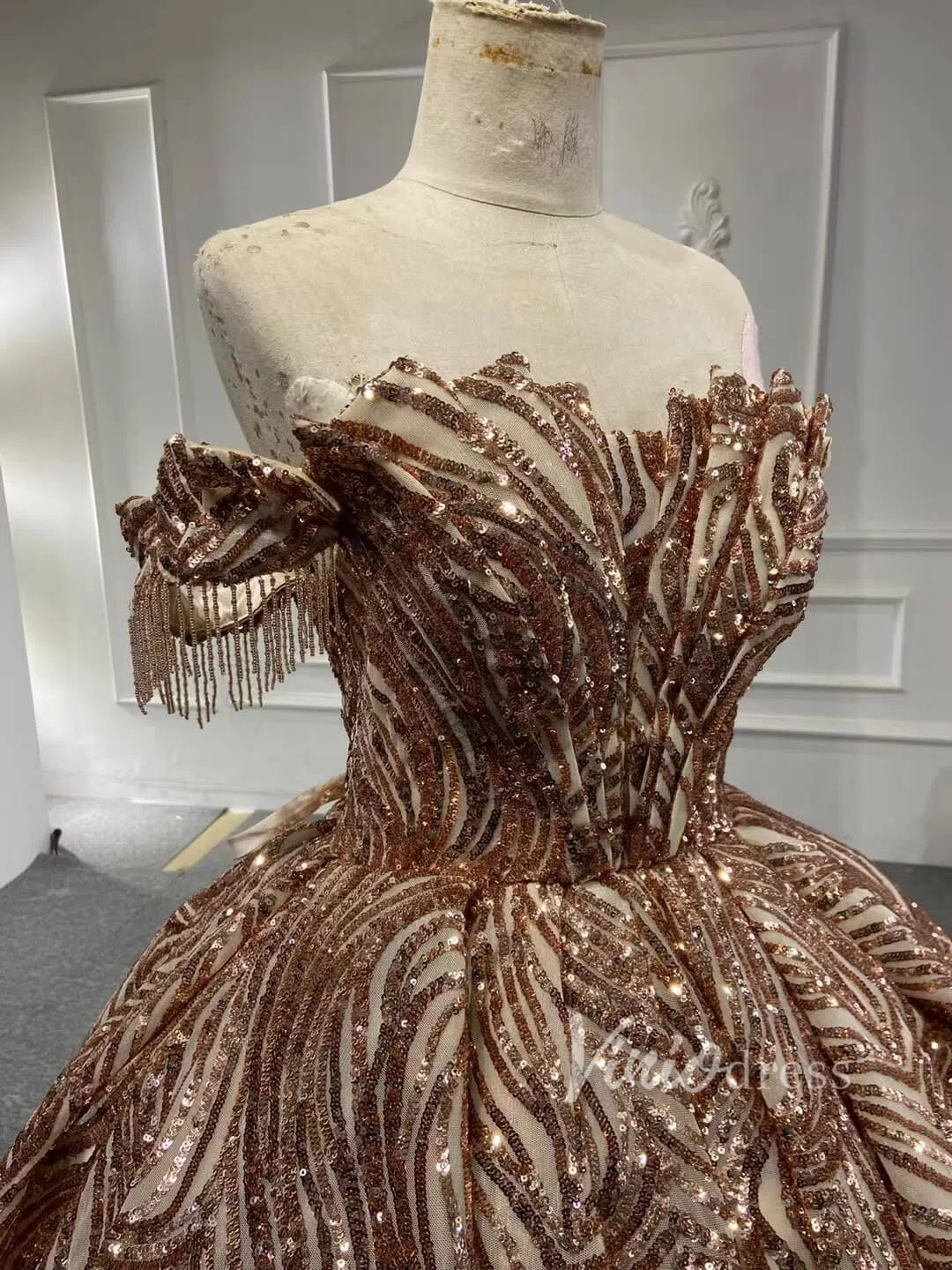 Off the Shoulder Ball Gown Wedding Dress 67411 Gold Lace-Quinceanera Dresses 2025 -Viniodress-Gold-Custom Size-