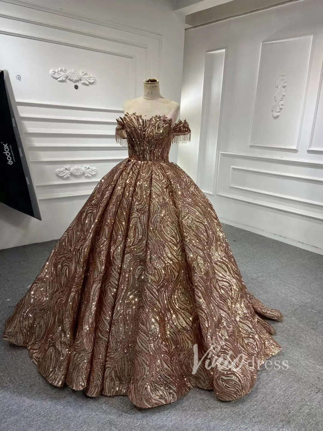 Off the Shoulder Ball Gown Wedding Dress 67411 Gold Lace-Quinceanera Dresses-Viniodress-Viniodress