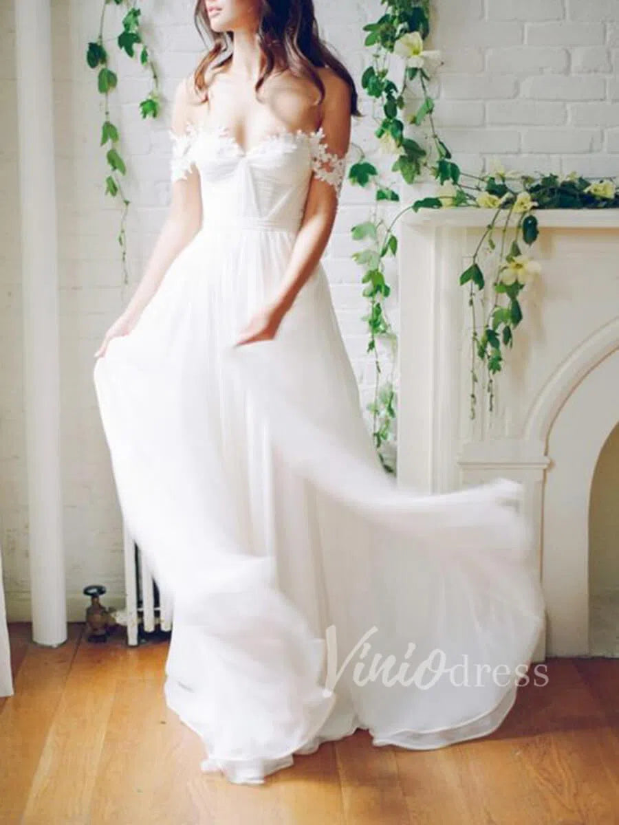 Off the Shoulder Beach Wedding Dresses Chiffon Bridal Dress VW1247-wedding dresses-Viniodress-Ivory-Custom Size-Viniodress