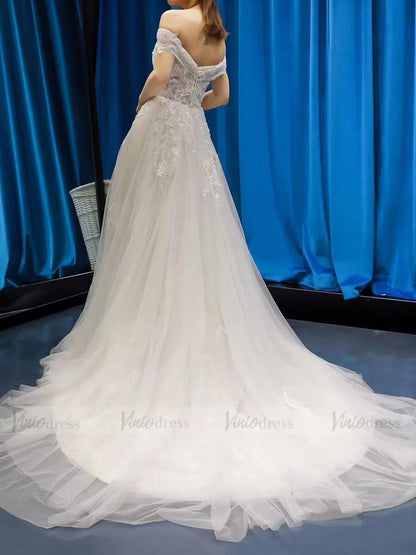 Off the Shoulder Beach Wedding Dresses with Beaded Bodice VW1062-wedding dresses 2025 -Viniodress-Ivory-Custom Size-