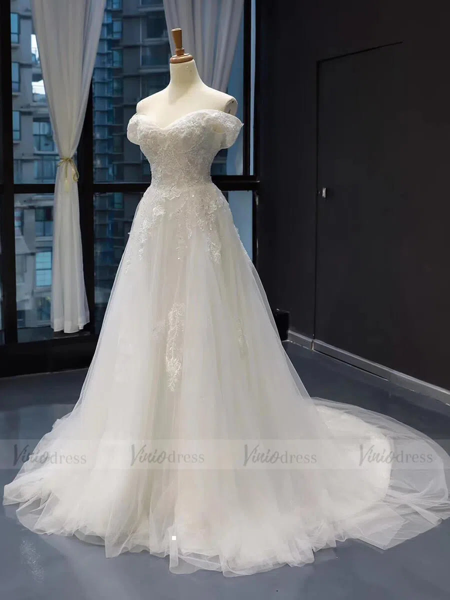 Off the Shoulder Beach Wedding Dresses with Beaded Bodice VW1062-wedding dresses 2025 -Viniodress-Ivory-Custom Size-