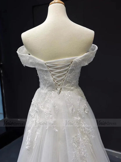 Off the Shoulder Beach Wedding Dresses with Beaded Bodice VW1062-wedding dresses 2025 -Viniodress-Ivory-Custom Size-